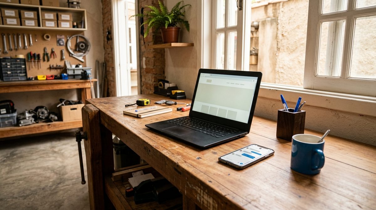Mesa de madeira de uma oficina com notebook aberto, celular mostrando uma conversa e uma caneca azul